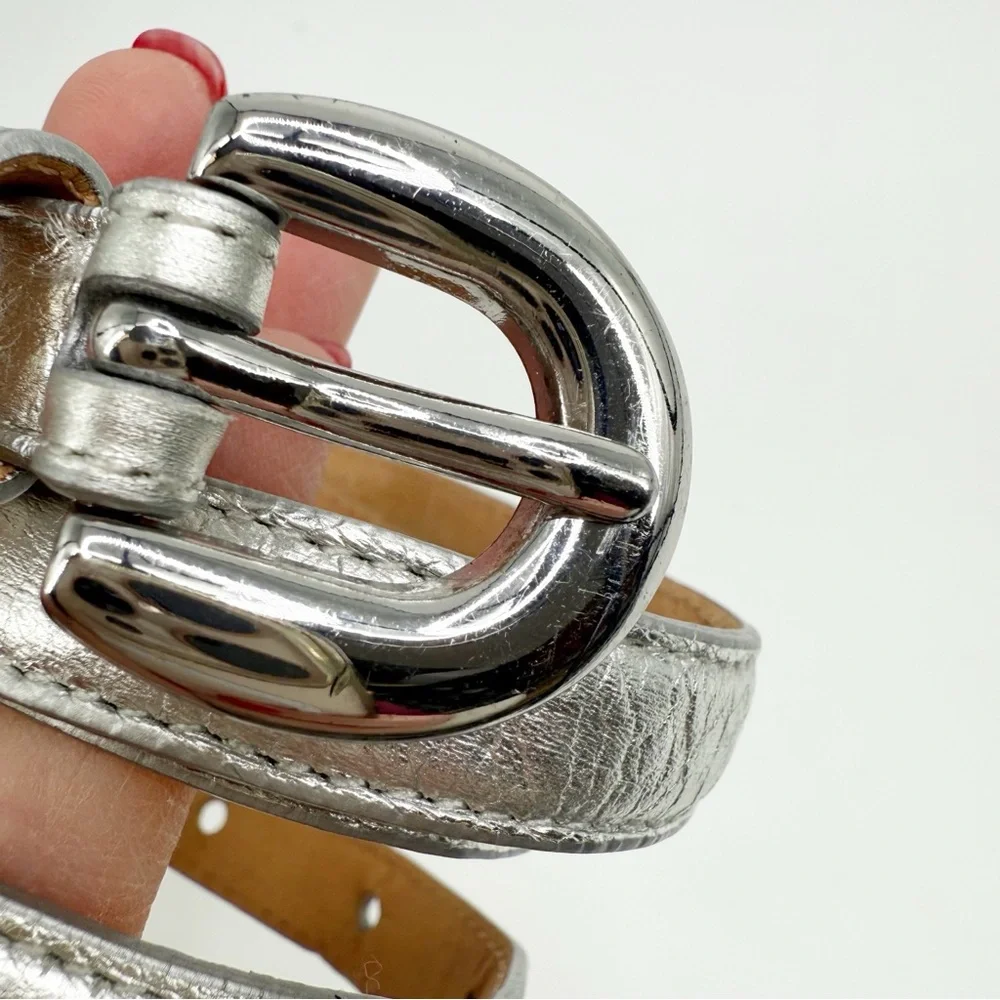 Vineyard Vines Silver Leather Skinny Belt With Silver Buckle, Size XS
